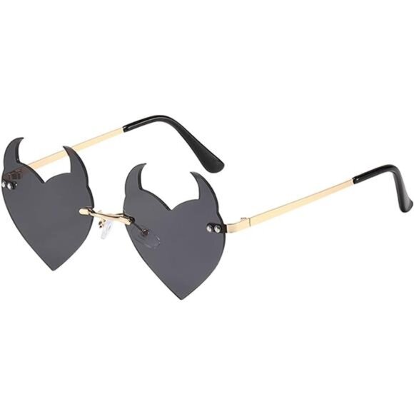 Goth Horns Heart Sunglasses for Women - Rimless 90s Punk Trendy - Picture 1 of 7